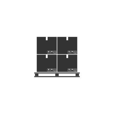 Palet simgesi yalıtılmış karton kutular. Kırılgan işaretleri ile kapalı karton teslimat ambalaj kutusu. Düz tasarım. Vektör İllüstrasyonu