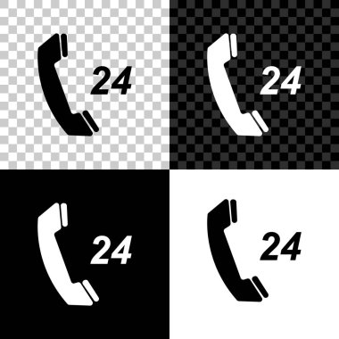 Telefon 24 saat destek simgesi siyah, beyaz ve saydam arka planda izole. Tüm gün müşteri desteği çağrı merkezi. Vektör İllüstrasyonu