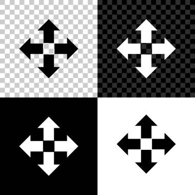 Dört yön simgesinde oklar siyah, beyaz ve şeffaf arka planda yalıtılmış. Vektör Illustration