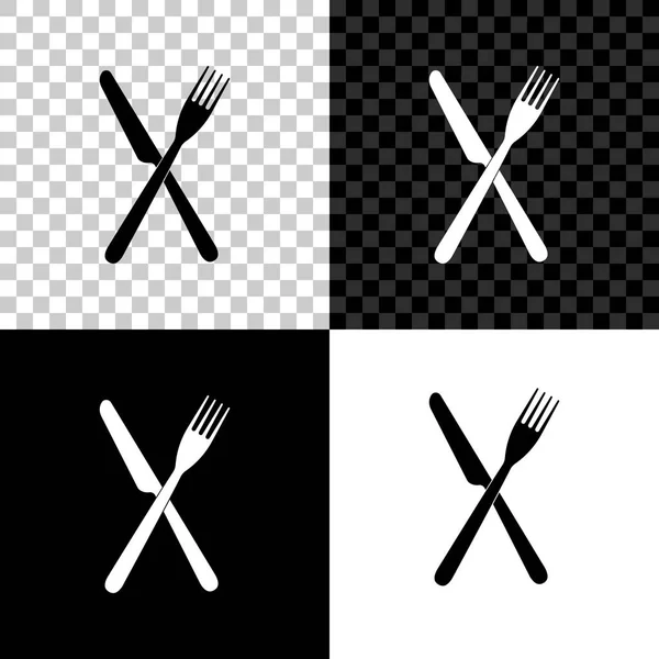 Gekruiste vork en mes icoon geïsoleerd op zwart, wit en transparante achtergrond. Restaurant icoon. Vector illustratie — Stockvector