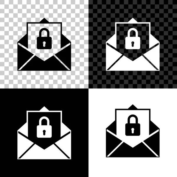 Icono de correo seguro aislado sobre fondo negro, blanco y transparente. Sobre de correo cerrado con candado. Ilustración vectorial — Vector de stock