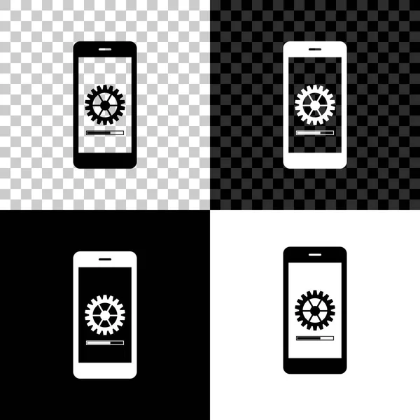 Smartphone-updateproces met versnellingsbak voortgang en laadbalk pictogram op zwarte, witte achtergrond. Systeemsoftware-update en upgrade-concept. Laadproces in mobiel scherm. Vector illustratie — Stockvector