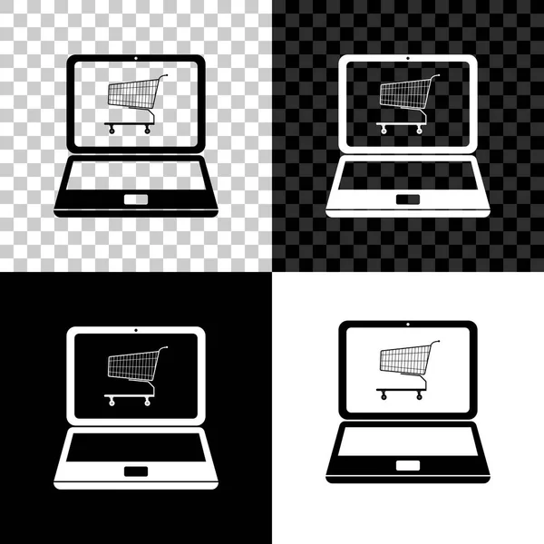 Online shopping concept. Shopping cart on screen laptop icon isolated on black, white and transparent background. Concept e-commerce, online business marketing. Vector Illustration