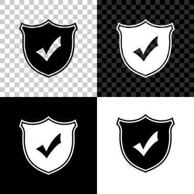 Siyah, beyaz ve saydam arka planda izole edilmiş onay işareti simgesine sahip kalkan. Koruma sembolü. Güvenlik denetimi Simgesi. Onay işareti simgesini işaretleyin. Vektör İllüstrasyonu
