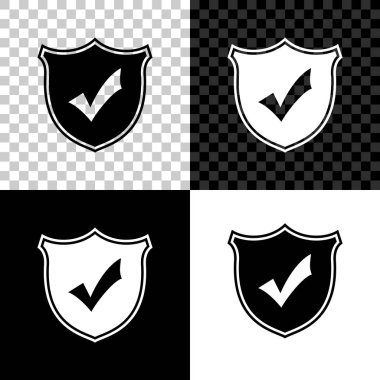 Siyah, beyaz ve saydam arka planda izole edilmiş onay işareti simgesine sahip kalkan. Vektör İllüstrasyonu