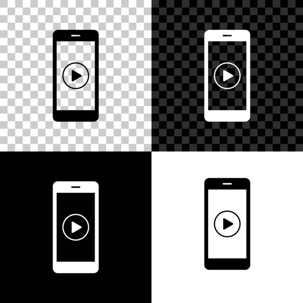 Smartphone mit Play-Taste auf dem Bildschirm-Symbol isoliert auf schwarzem, weißem und transparentem Hintergrund. Vektorillustration — Stockvektor