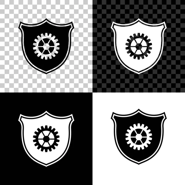 Schild mit Getriebesymbol isoliert auf schwarzem, weißem und transparentem Hintergrund. Vektorillustration — Stockvektor