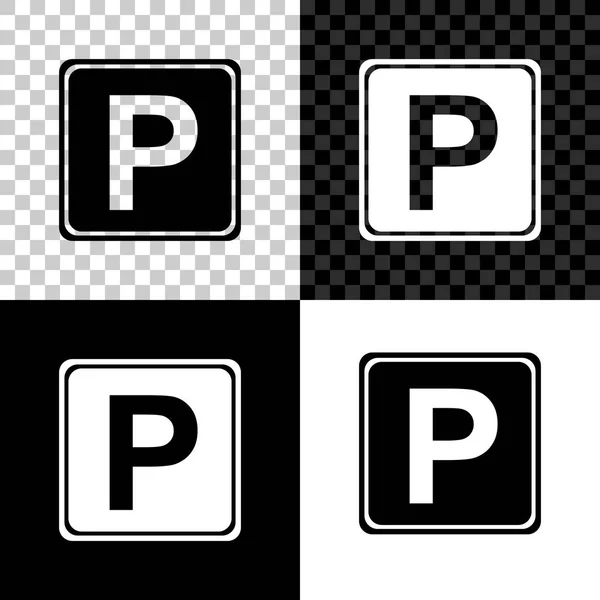 Icona segno parcheggio isolato su sfondo nero, bianco e trasparente. Segnale stradale. Illustrazione vettoriale — Vettoriale Stock