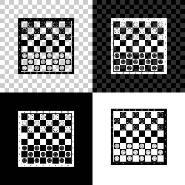黒、白、透明の背景に隔離チェッカーアイコンのボードゲーム。古代知的ボードゲーム。チェスボード。白と黒のチップスベクトルイラストレーション — ストックベクタ