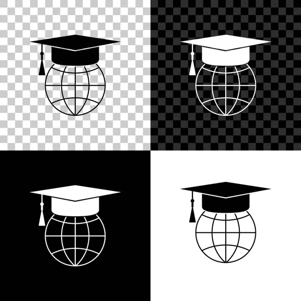 Graderingsmössa på jordglobsikonen isolerad på svart, vit och transparent bakgrund. Världs utbildning symbol. Online Learning eller e-Learning koncept. Vektor illustration — Stock vektor