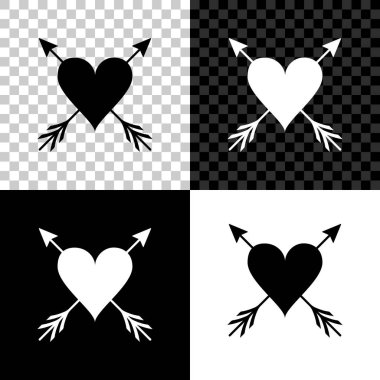 Siyah, beyaz ve saydam arka planda izole edilmiş ok simgesiolan kalp. Sevgililer günün kutlu olsun. Cupid dart kalbine deldi. Aşk sembolü. Amour sembolü. Vektör İllüstrasyonu