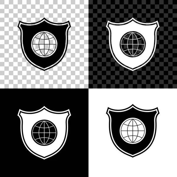 Ασπίδα με παγκόσμια εικόνα σφαίρα απομονώνεται σε μαύρο, λευκό και διαφανές φόντο. Ασφάλεια, ασφάλεια, προστασία, έννοια της ιδιωτικής ζωής. Απεικόνιση διανυσματικών φορέων — Διανυσματικό Αρχείο