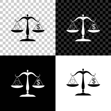 Siyah, beyaz ve saydam arka planda izole edilmiş para ve zaman simgesini ölçeklendirin. Saat ve bozuk para ile ölçekler. İş ve verilen süre arasındaki denge. İş konsepti. Vektör İllüstrasyonu