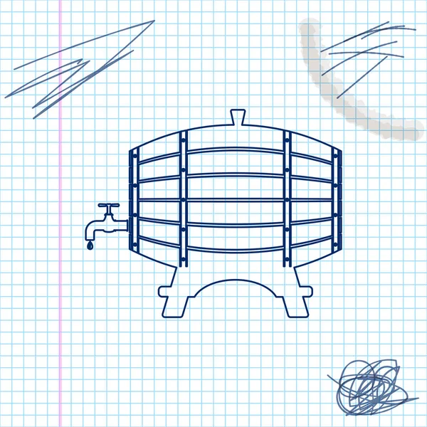 Barril de madeira em rack com ícone de esboço de linha de torneira isolado no fundo branco. Ilustração vetorial —  Vetores de Stock