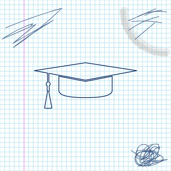 Icône de croquis ligne de chapeau de graduation isolé sur fond blanc. Chapeau de graduation avec icône de pompon. Illustration vectorielle — Image vectorielle