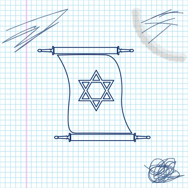 Torah ikonę szkicu linii przewijania na białym tle. Żydowska Torah w rozszerzonej formie. Torah Book znak. Symbol gwiazdy Dawida. Prosty stary Zwój pergaminu. Ilustracja wektorowa — Wektor stockowy