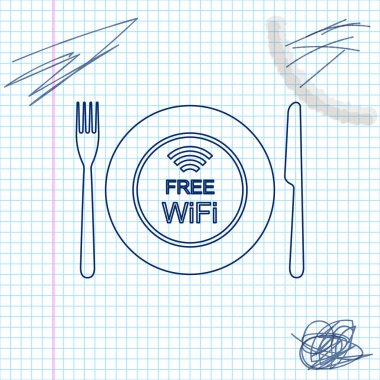 Restoran Ücretsiz Wi-Fi bölge çizgi çizim simgesi beyaz arka plan üzerinde izole. Tabak, çatal ve bıçak işareti. Vektör İllüstrasyonu
