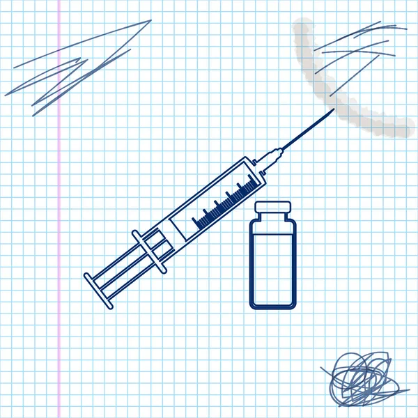 針およびバイアルまたはアンプルラインスケッチアイコンが白い背景に隔離された医学の注射器。ワクチン接種、注射、ワクチン、インスリンの概念。ベクトルイラストレーション — ストックベクタ