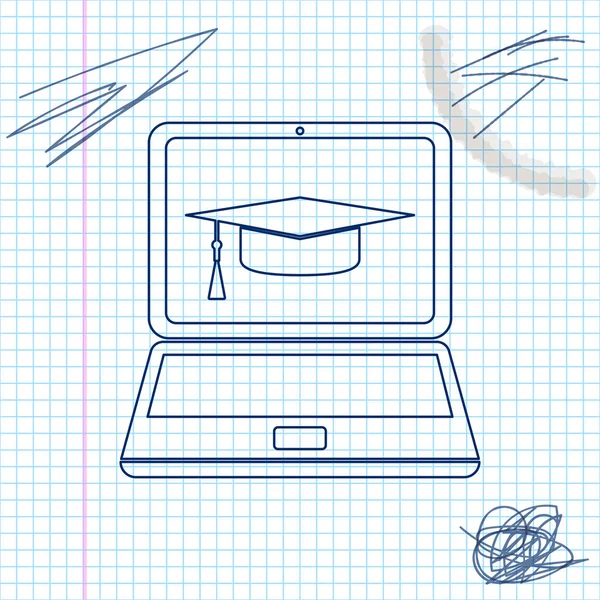 Tapa de graduación e icono de boceto de línea portátil aislado sobre fondo blanco. Icono de concepto de aprendizaje en línea o e-learning. Ilustración vectorial — Vector de stock