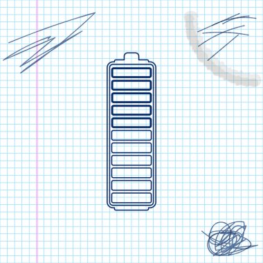 Beyaz arka planda yalıtılmış pil şarj seviyesi gösterge çizgisi çizim simgesi. Pil şarj - güç işareti. Elektrik sembolü - enerji işareti. Vektör İllüstrasyonu