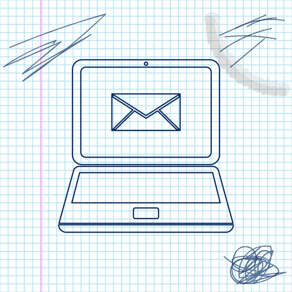 Laptop com envelope e e-mail aberto no ícone de esboço de linha de tela isolado no fundo branco. E-mail marketing, conceitos de publicidade na internet. Ilustração vetorial —  Vetores de Stock