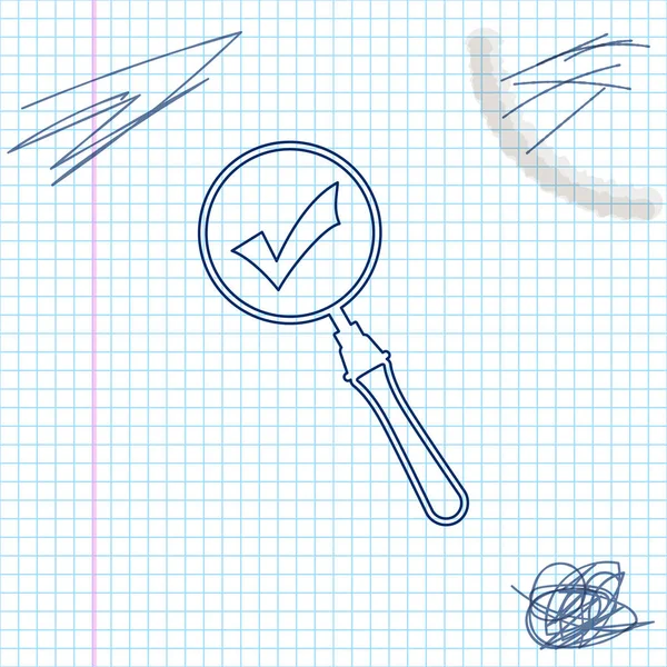 Magnifying glass and check mark line sketch icon isolated on white background. Magnifying glass and approved, confirm, done, tick, completed symbol. Vector Illustration — Stock Vector