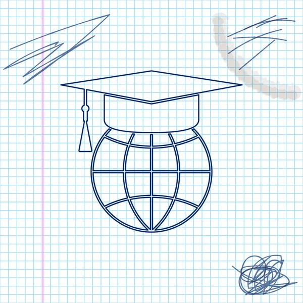 Capa de graduação no ícone de esboço de linha globo isolado no fundo branco. Símbolo da educação mundial. Aprendizagem online ou conceito de e-learning. Ilustração vetorial —  Vetores de Stock