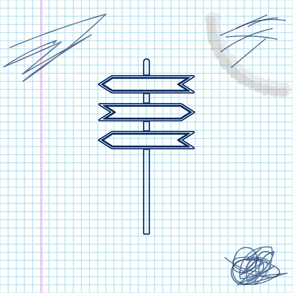 Verkeersbord. Signpost lijn schets icoon geïsoleerd op witte achtergrond. Aanwijzer symbool. Blanco bord met plaats voor tekst. Geïsoleerd straat informatie teken. Richting teken. Vector illustratie — Stockvector