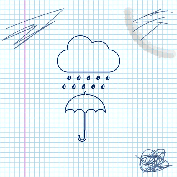 Nuage avec goutte de pluie sur le parapluie ligne croquis icône isolé sur fond blanc. Illustration vectorielle — Image vectorielle