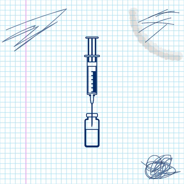 Medicinsk spruta med nål och flaska eller ampull linje skiss ikon isolerad på vit bakgrund. Vaccination, injektion, vaccin, insulin koncept. Vektor illustration — Stock vektor