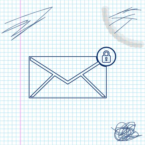 電子メールメッセージロックパスワードラインスケッチアイコンは、白い背景に分離されています。南京錠の看板付きの封筒。プライベートメールとセキュリティ、安全、保護、プライバシーシンボル。ベクトルイラストレーション — ストックベクタ