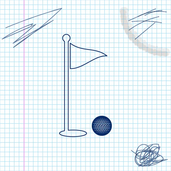 Bola de golfe e buraco com ícone de esboço de linha de bandeira isolado no fundo branco. Campo de golfe. Bola e bandeira no buraco. Conceito desportivo. Ilustração vetorial — Vetor de Stock