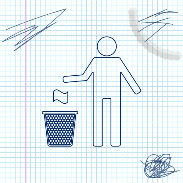 Homem jogando lixo no ícone de esboço de linha bin poeira isolado no fundo branco. Reciclar símbolo. O lixo pode assinar. Ilustração vetorial — Vetor de Stock