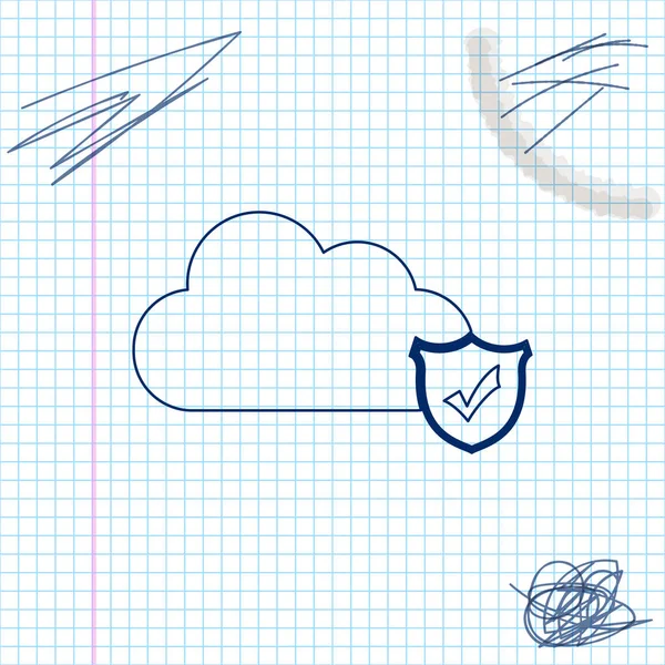 Wolk en schild met vinkje markeerlijn schets pictogram geïsoleerd op witte achtergrond. Cloud opslag gegevensbescherming. Beveiliging, veiligheid, bescherming, privacy concept. Cloud Computing. Vector illustratie — Stockvector