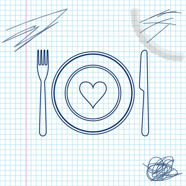 Szív a tányéron, Villa és a kés vonal vázlat ikon izolált fehér háttér. Boldog Valentin-napot. Vektoros illusztráció — Stock Vector