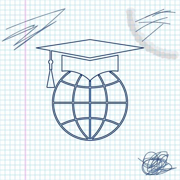 Випускна шапка на значку ескізу лінії глобуса ізольована на білому тлі. Символ світової освіти. Інтернет-навчання або концепція електронного навчання. Векторна ілюстрація — стоковий вектор