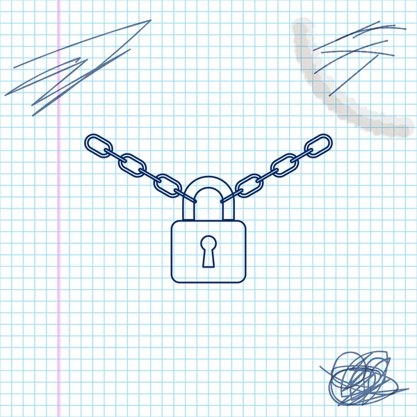 Metal chain and lock line sketch icon isolated on white background. Padlock and steel chain. Vector Illustration — Stock Vector