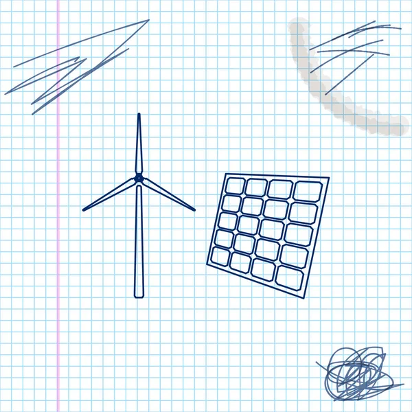Ανεμοστρόβιλοι που παράγουν ηλεκτρικό και ηλιακό πάνελ γραμμή σκίτσο απομονώνεται σε λευκό φόντο. Εναλλακτική ενέργεια, έννοια της ανανεώσιμης ενέργειας. Απεικόνιση διανυσματικών φορέων — Διανυσματικό Αρχείο