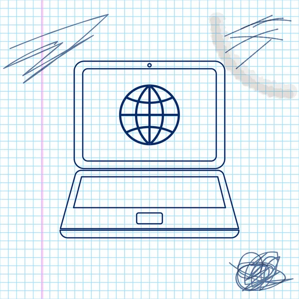 Globe på skärmen av laptop linje skiss ikonen isolerad på vit bakgrund. Bärbar dator med glob-tecken. Vektor illustration — Stock vektor