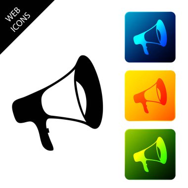 Megafon simgesi beyaz arka planda yalıtılmış. Simgeleri renkli kare düğmeleri ayarlayın. Vektör İllüstrasyonu