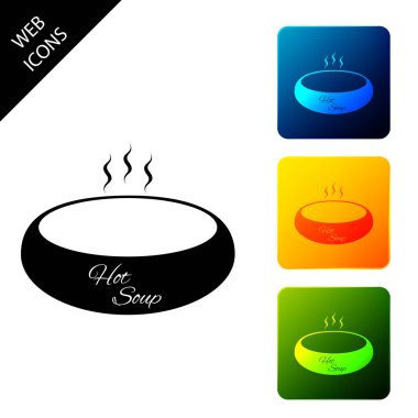 Beyaz arka plan üzerinde izole sıcak çorba simgesi Kase. Simgeleri renkli kare düğmeleri ayarlayın. Vektör İllüstrasyonu