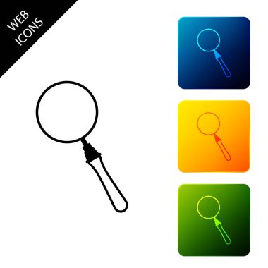 Beyaz arka planda izole büyüteç simgesi. Arama, odak, yakınlaştırma, iş sembolü. Simgeleri renkli kare düğmeleri ayarlayın. Vektör İllüstrasyonu