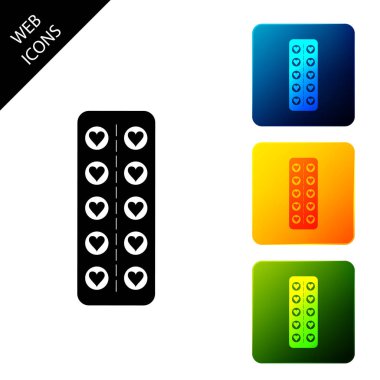 Pills beyaz arka plan üzerinde izole blister paketi simgesi bir kalp şeklinde aşk. Aşk, terapi, danışmanlık işareti. Simgeleri renkli kare düğmeleri ayarlayın. Vektör İllüstrasyonu