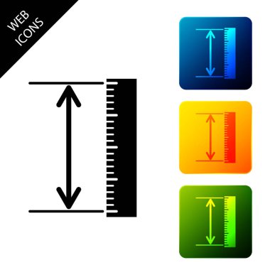 Ölçüm yüksekliği ve uzunluk simgesi beyaz arka planda yalıtılmış. Cetvel, düz kenar, ölçek sembolü. Geometrik aletler. Simgeleri renkli kare düğmeleri ayarlayın. Vektör İllüstrasyonu