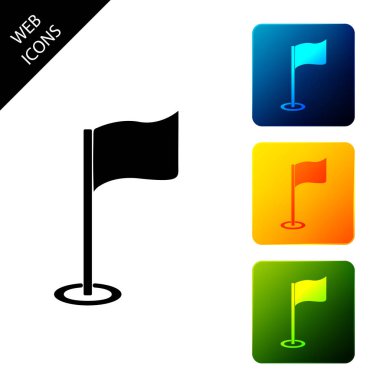 Beyaz arka planda yalıtılmış golf bayrağı simgesi. Golf ekipmanları veya aksesuar. Simgeleri renkli kare düğmeleri ayarlayın. Vektör İllüstrasyonu