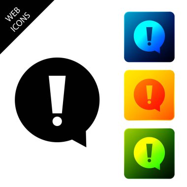 Beyaz arka planda yalıtılmış daire simgesindeki ünlem işareti. Tehlike uyarı sembolü. Simgeleri renkli kare düğmeleri ayarlayın. Vektör İllüstrasyonu