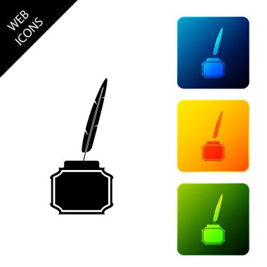 Beyaz arka planda yalıtılmış tüy ve mürekkep kuyusu simgesi. Simgeleri renkli kare düğmeleri ayarlayın. Vektör İllüstrasyonu