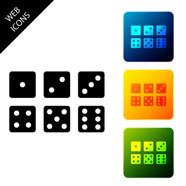 Beyaz arka planda yalıtılmış altı dices simgesi kümesi. Simgeleri renkli kare düğmeleri ayarlayın. Vektör İllüstrasyonu