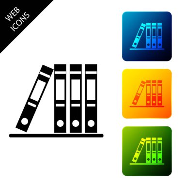 Beyaz arka planda yalıtılmış kağıt ve belge simgesi içeren Office klasörleri. Arşiv klasör işareti. Simgeleri renkli kare düğmeleri ayarlayın. Vektör İllüstrasyonu