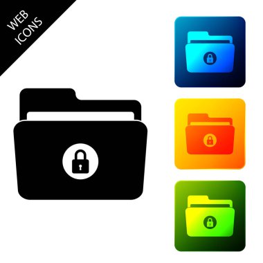 Klasör ve kilit simgesi beyaz arka planda yalıtılmış. Kapalı klasör ve asma kilit. Güvenlik, güvenlik, koruma konsepti. Simgeleri renkli kare düğmeleri ayarlayın. Vektör İllüstrasyonu
